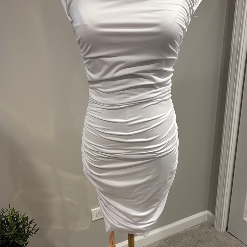 White Ruched Bodycon Mini Dress - Picture 3 of 6